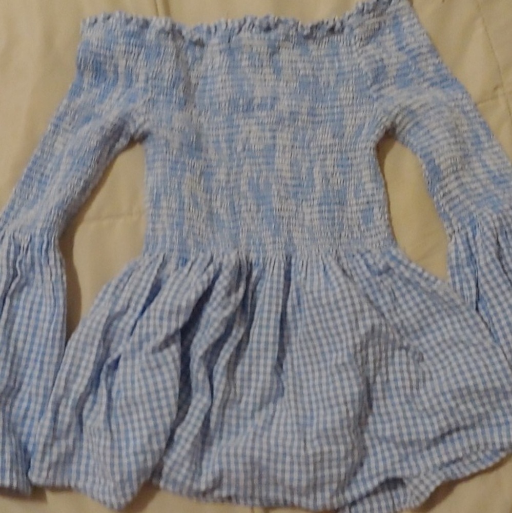 Off the shoulder plaid shirt